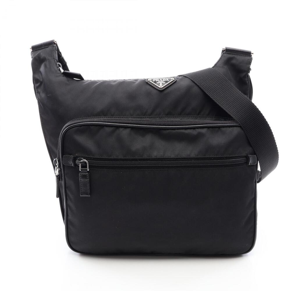 Prada Triangle Plate Shoulder Bag Saffiano Leather Black